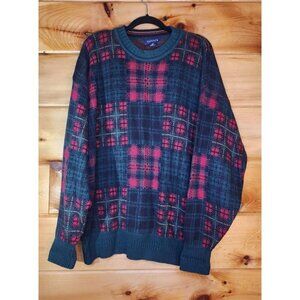 Vintage Gant Size Large Red Green Plaid Cotton Heavy Crew Sweater